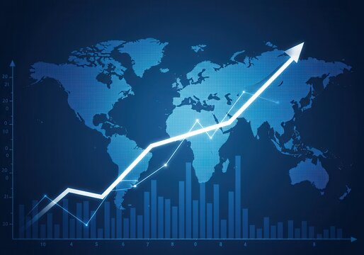 Global financial growth chart with upward arrow and bar graph over a world map in blue