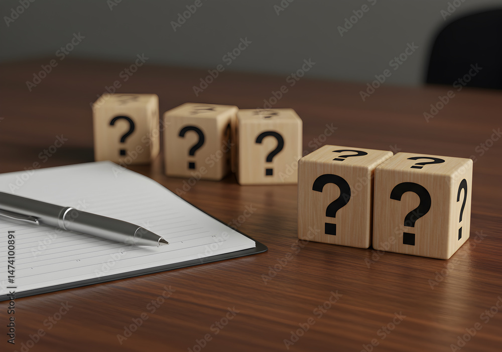 Poster question mark blocks with pen and paper on desk concept of questions and answers uncertainty and sol