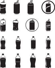 Black Soda Can and Plastic Bottle Icons Set &ndash; Beverage Silhouettes for Drink Packaging and Branding