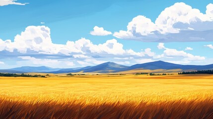 Fototapeta premium The landscape depicts a clear blue sky above a golden wheat field, with gentle hills visible in the distance on a sunny afternoon