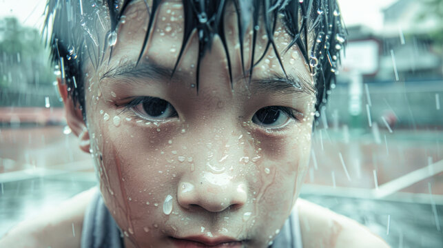indian school boy standing in the middle of playground with wet face