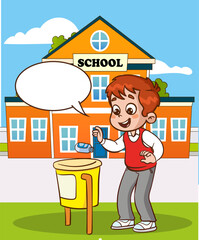 Vector illustration of student throwing garbage into trash can