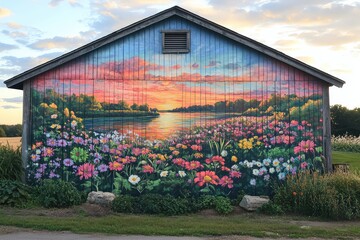 A vibrant mural painted on a barn wall depicting a summer landscape