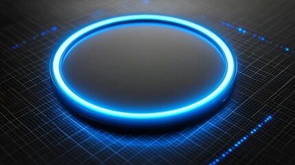 The concept of digital transformation and data is represented through a 3D rendered illustration of a glowing blue circular digital interface on a dark grid background with a mock-up space, embodying