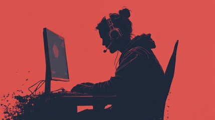 A person focuses on activities in front of his computer such as playing games, working, or communicating online, a silhouette of interaction between humans and technology