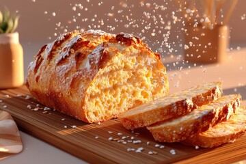Fototapeta premium Fresh sourdough loaf with steam rising slowly, placed against a neutral beige background.