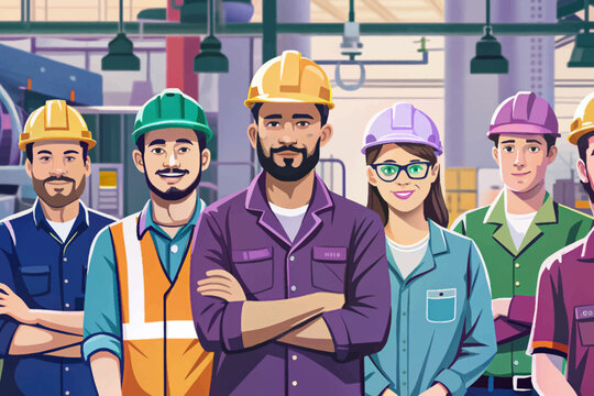 Engineer team with full skills vector in maintenance and training at industrial factory workshop, supporting factory operators and mechanical engineering production tasks