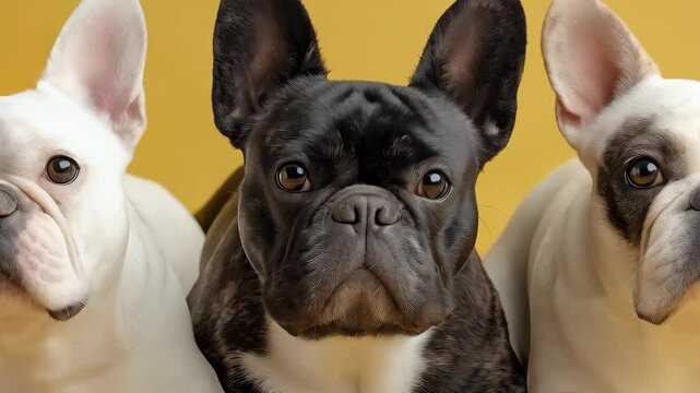 Three adorable French Bulldogs posing in a row with soft fur and floppy ears against a solid yellow backdrop.  Focus is on the dogs.