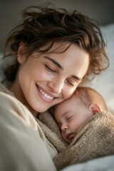 A young mother is enjoying some well-deserved free time, playing and bonding with her cute baby boy as they lounge around in bed together