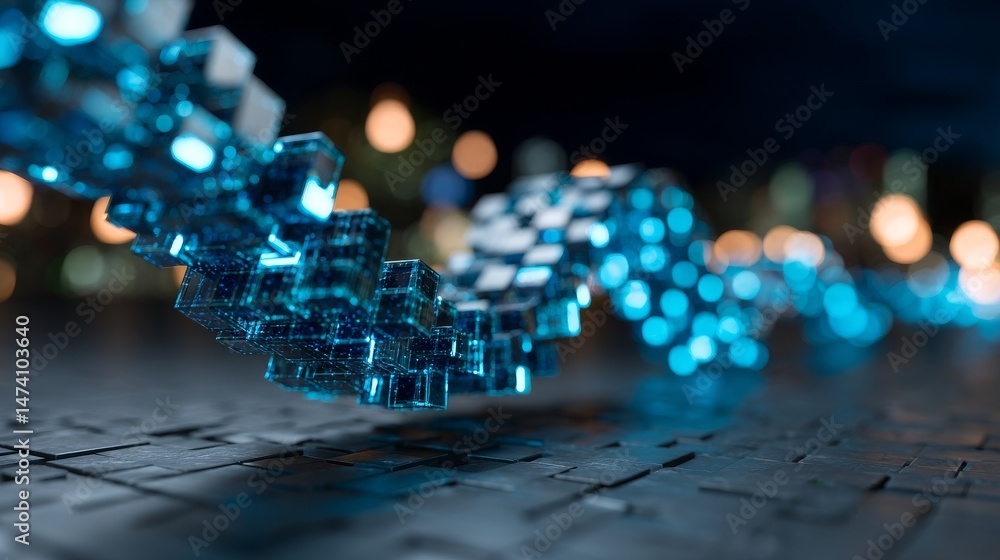 Poster digital information flows abstractly with radiant cubes and lines