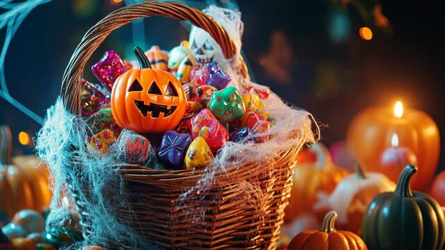 Glowing halloween basket overflowing with vibrant candy and pumpkins