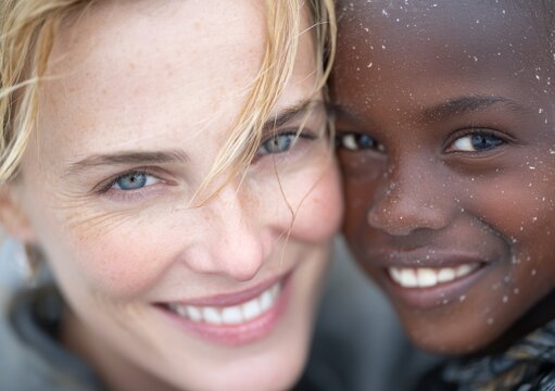 A foster mother and her adopted daughter are having a great time together, smiling and relaxing on the beach during a summer outing