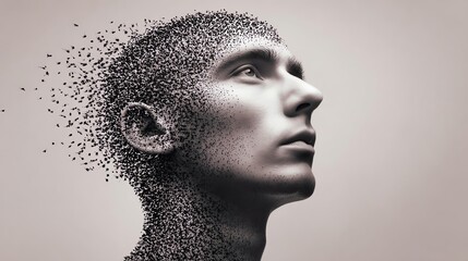 A surreal depiction of a human head disintegrating into particles, symbolizing transformation.