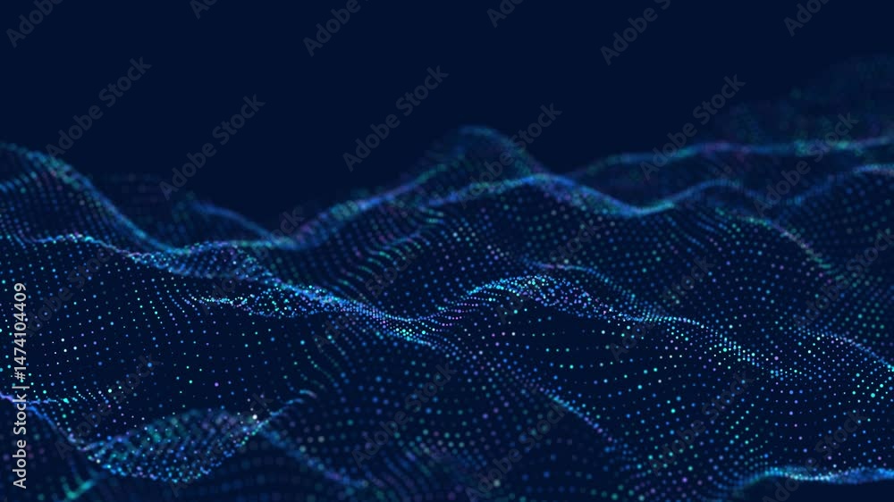 Fototapete Abstract flow of luminous particles on dark background. Movement of colored dots. Big data visualization. 3D rendering. Seamless loop. 4k	