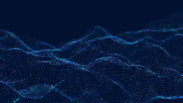 Abstract flow of luminous particles on dark background. Movement of colored dots. Big data visualization. 3D rendering. Seamless loop. 4k	