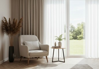 Comfortable armchair and side table near a bright window with sheer curtains in a cozy living room setting