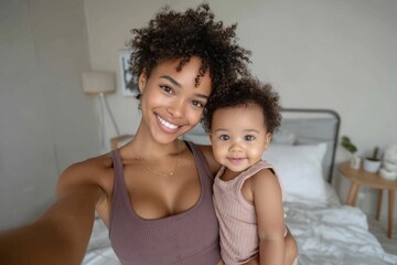 A woman is on a video call and simultaneously holding her infant