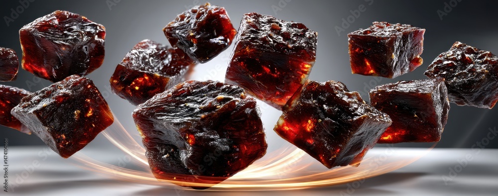 Poster floating cubes of glossy dark jelly in motion with light reflections and black background for abstra
