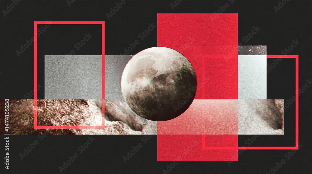 Poster abstract art featuring a moon with geometric shapes in a vibrant color scheme.