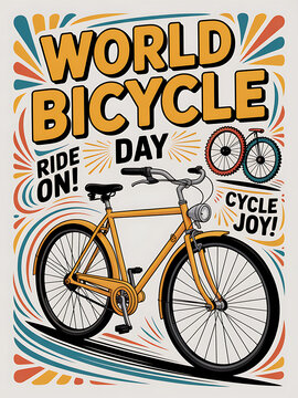 Bold and creative graphic design celebrating World Bicycle Day with a yellow bicycle and playful typography