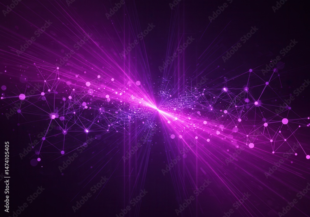 Poster abstract purple network with glowing nodes and light rays converging at a central point on a dark ba