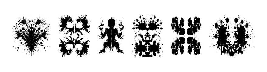 Rorschach test inkblots set isolated on white background. Vector realistic illustration of abstract black ink stains for mental treatment, abstract silhouettes for psychology examination..eps