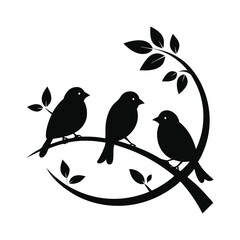 Silhouette of three sparrows perched on a curved branch with falling leaves on white background 