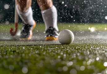 Field hockey player striking ball on wet grass action shot sports