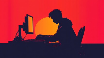 A person focuses on activities in front of his computer such as playing games, working, or communicating online, a silhouette of interaction between humans and technology