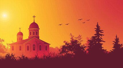 Obraz premium Stylized Silhouette Banner of Orthodox Church with Recognizable Dome on Left Side, Framed by Nature, Red to Gold Gradient Background with Open Space for Custom Message or Text