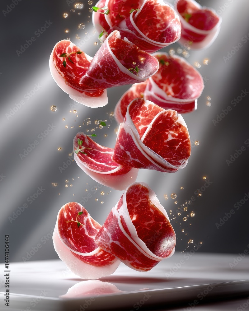 Poster floating slices of fresh meat in dynamic composition with light rays and bubbles, ideal for food pho