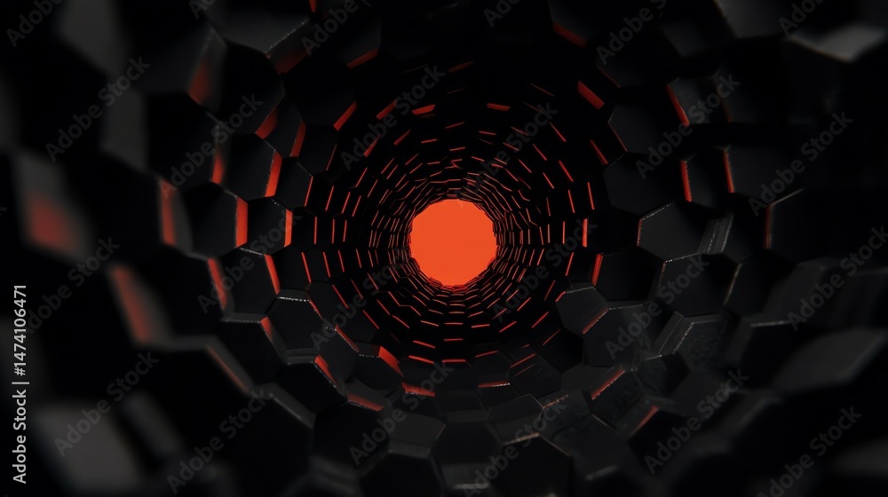 Poster abstract view of a hexagonal tunnel with glowing red center and dark geometric patterns.
