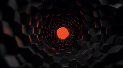 Abstract view of a hexagonal tunnel with glowing red center and dark geometric patterns.
