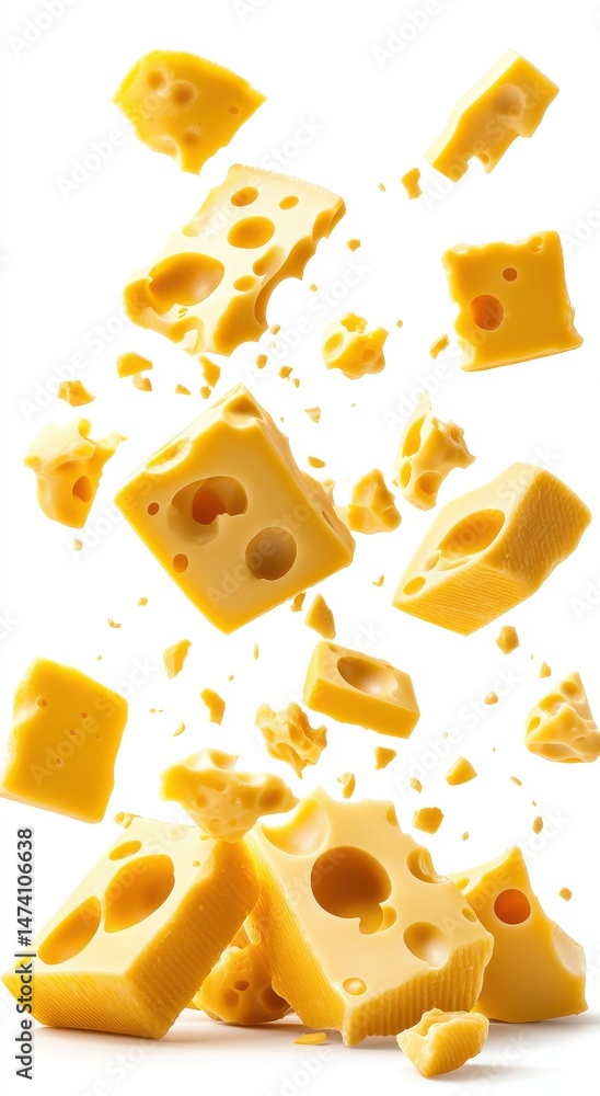 Poster floating yellow cheese cubes in a white background creating a dynamic and playful food scene that ev