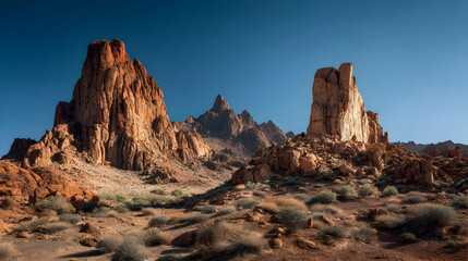 Obraz premium Majestic sandstone formations rise against a clear blue sky in a breathtaking desert landscape