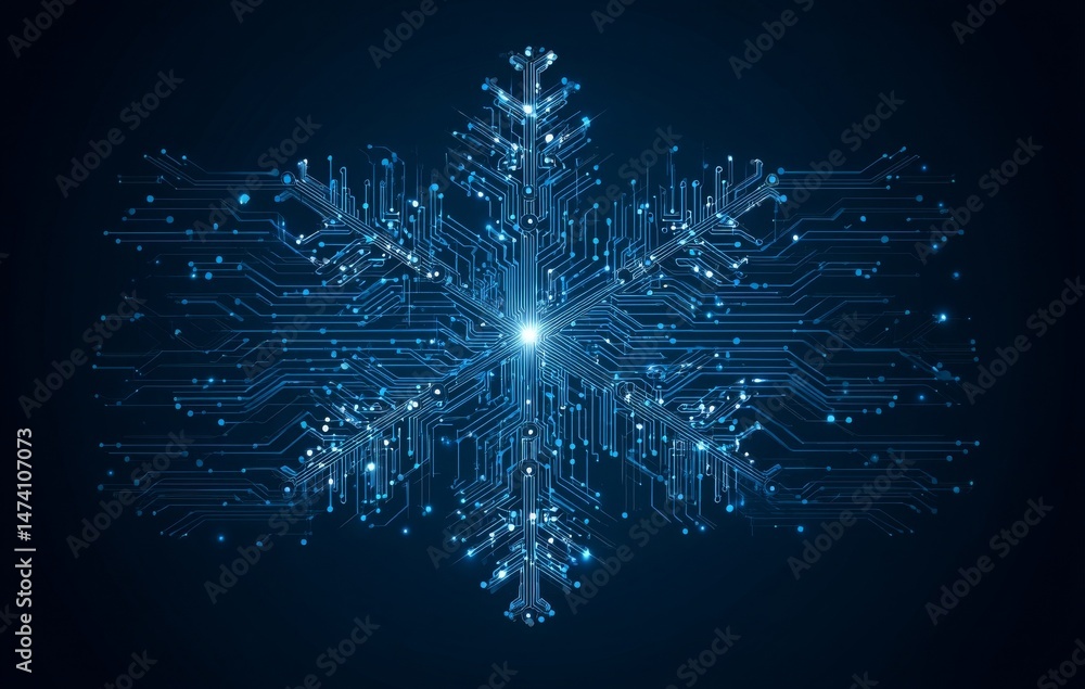 Poster digital illustration of a microchip board in the shape of a snowflake set against a blue backdrop, s