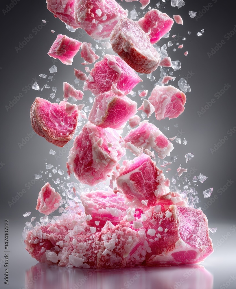 Poster flying pieces of fresh raw meat with crystals of salt on a grey background creating a dynamic culina