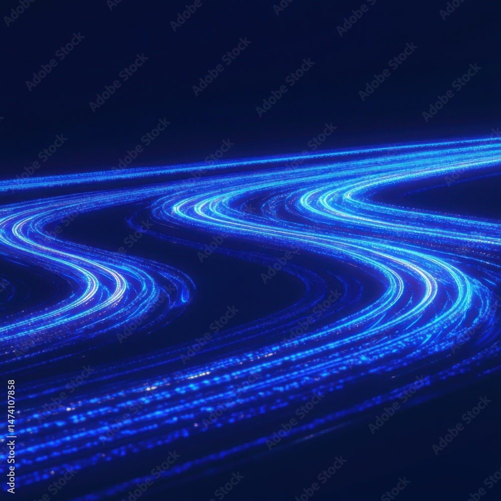 Aufkleber abstract blue light trails flowing in dark space creating futuristic digital network connection conc