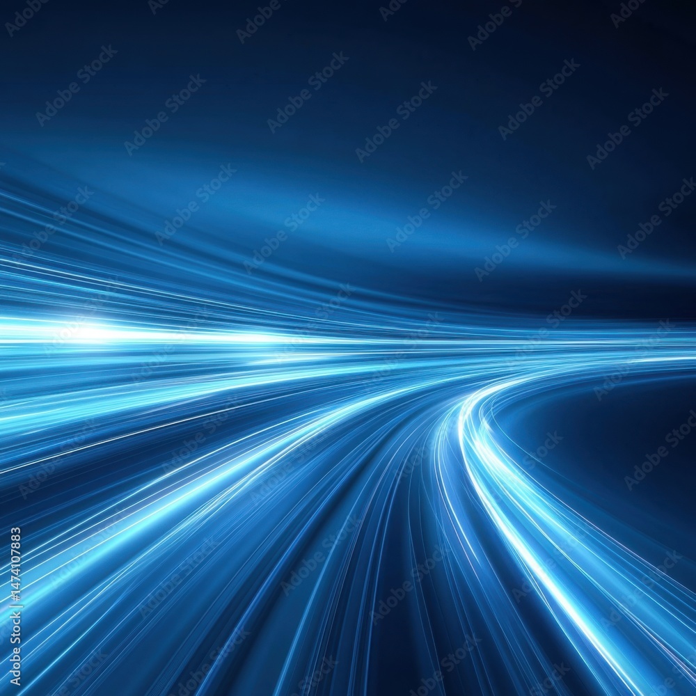 Poster abstract light trails in motion blur on dark blue background representing speed and futuristic techn