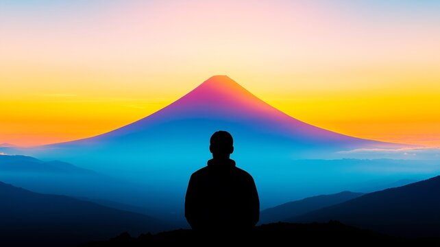 Hiking Outdoors Mountains At Sunset Man With Backpack