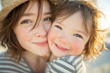 Obraz premium A heartwarming moment of a young mother kissing her baby daughter is set against the backdrop of a lush green cornfield at sunset on a summer day, encapsulating the themes of motherhood, childcare,