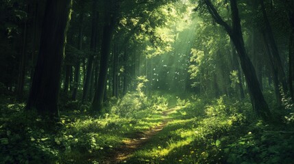 Obraz premium Verdant forest path bathed in morning sunlight.