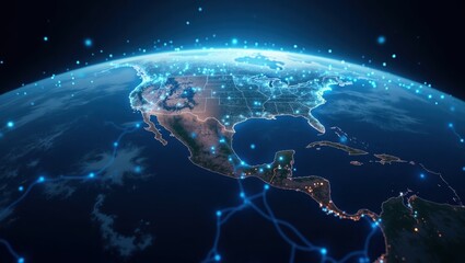 Vista satelital de la Tierra con redes animadas, nodos de criptomonedas y conexiones de economía digital en órbita