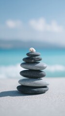 Fototapeta premium A pyramid of pebbles is situated on the beach in Batumi, Adjara, Georgia, with a selective focus and abstract bokeh effect set against the sea in the background, symbolizing zen stones and evoking