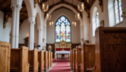Interior View of a Historical Church Featuring Wooden Pews and Stained-Glass Windows