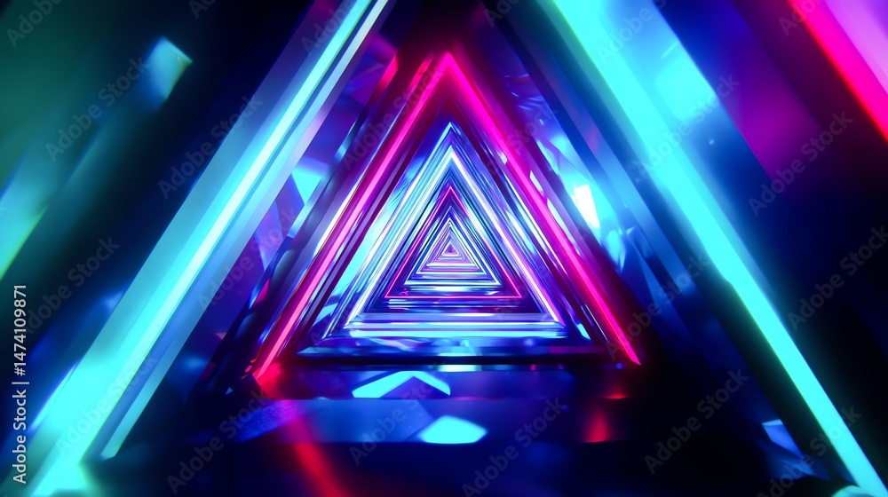 Poster vibrant triangular tunnel of neon lights in captivating colors and patterns.