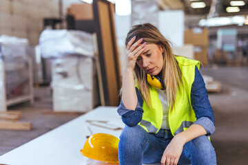 Stressed Female Worker in Warehouse Wearing High-Visibility Vest and Helmet