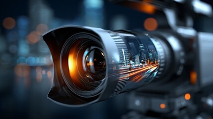 A close-up view of a virtual reality headset lens, displaying highly immersive virtual environments in a virtual reality technology style