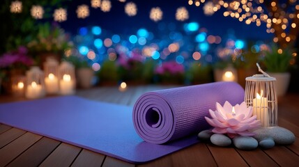 A soothing living room environment equipped with a yoga mat, candles, and gentle lighting to support a mindfulness and relaxation-focused wellness routine in a home setting, Stock Photo featuring