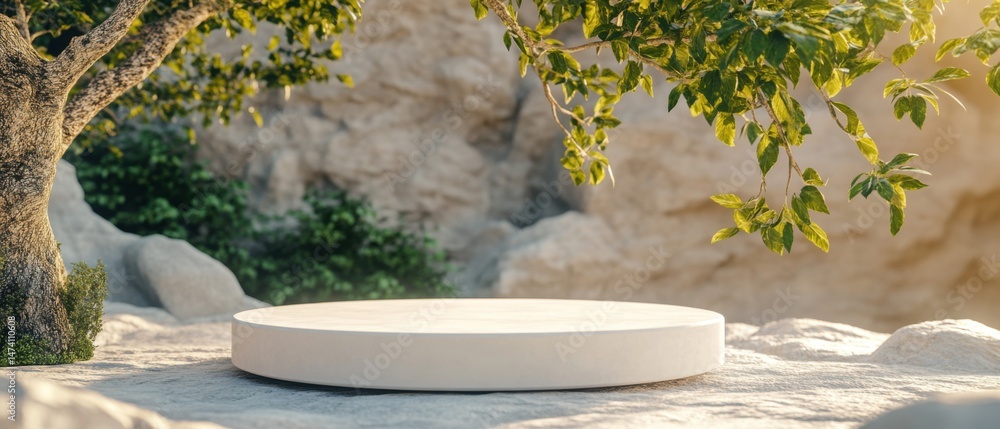 Poster minimalist podium display in natural stone setting with lush greenery and soft lighting for product 